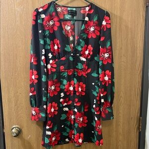 Urban Outfitters Michelle Plunging Long Sleeve Red Flowers Mini Dress